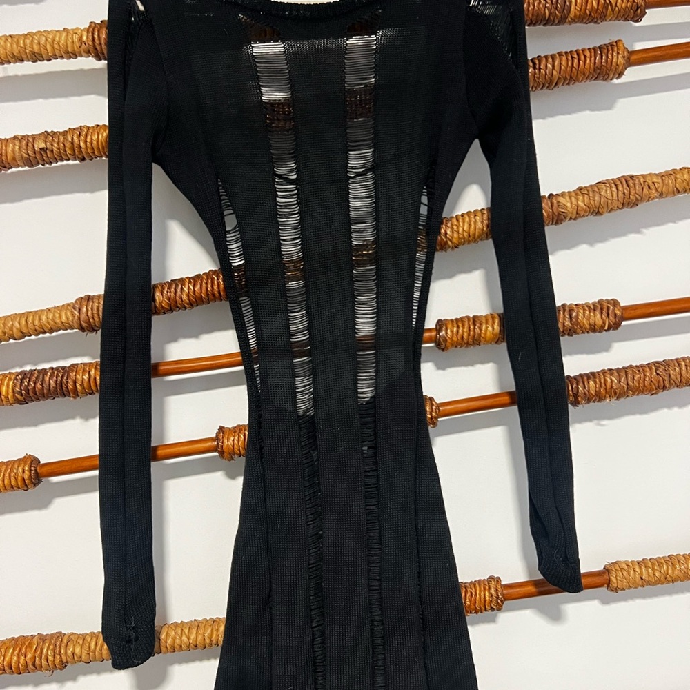 Lipstick Boutique Black Sheer Ribbed Open Back Long Sleeve Dress